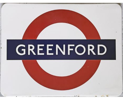 Small London Underground enamel PLATFORM SIGN from Greenford station on the Central line. A flanged sign, bullseye type, circ