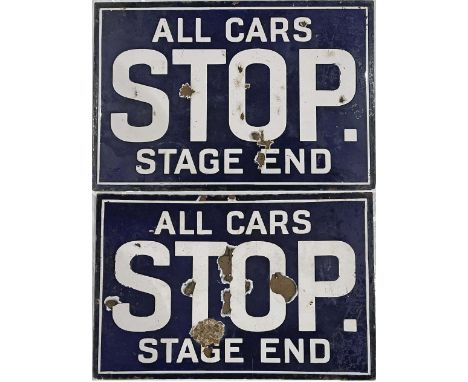 Double-sided, enamel TRAM STOP FLAG 'All cars stop here. Stage End'. Measures 18" x 12" (46cm x 31cm ) and is in ex-use condi