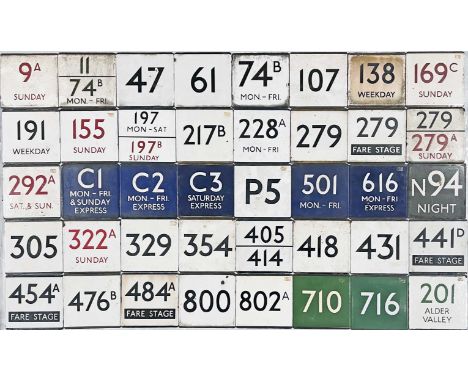 Large quantity (40) of London Transport bus stop enamel E-PLATES from across the network and with route numbers between 9A an