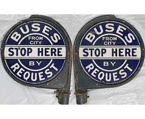 Birmingham City Transport enamel BUS STOP FLAG 'Buses from City stop here by request'. A double-sided sign contained in its o
