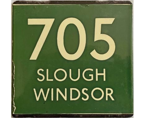 London Transport coach stop enamel E-PLATE for Green Line route 705 destinated Slough, Windsor. These were located between Gu