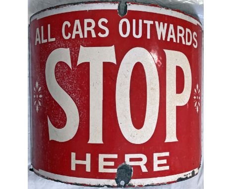 Enamel TRAM STOP FLAG 'All cars outwards stop here'. A single-sided sign, curved to fit a telegraph pole or similar and measu