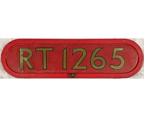 London Transport RT bus BONNET FLEETNUMBER PLATE from RT 1265. The original RT 1265, a 'Saunders' roofbox RT, entered service