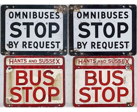 Pair of double-sided, enamel BUS STOP FLAGS, the first is 'Omnibuses stop by request' from the Southdown Motor Services opera