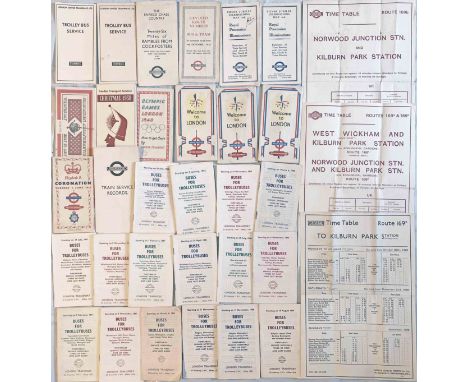 Bundle (33 items) of London Transport & predecessors ephemera including 1920s LGOC PANEL TIMETABLES, 1931 LUT trolley bus LEA