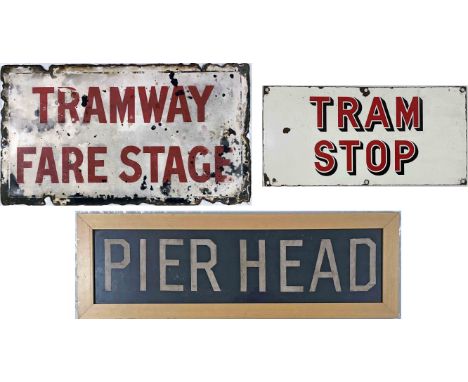 Trio of tramway items comprising two single-sided, enamel TRAM STOP signs: 'Tramway Fare Stage' (21"x 11.5" - 4cm x 29cm) in 