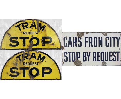 Pair of enamel TRAM STOP FLAGS comprising a double-sided, semi-circle type 'Tram Request Stop' (24" x 12" - 61cm x 31cm) and 