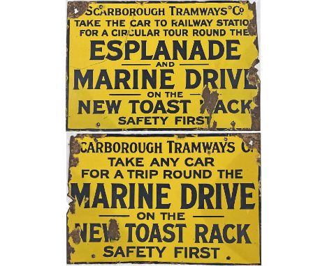 Scarborough Tramways Co double-sided, enamel SIGN for trips on the new 'Toast Rack'. One side advertises a circular tour from