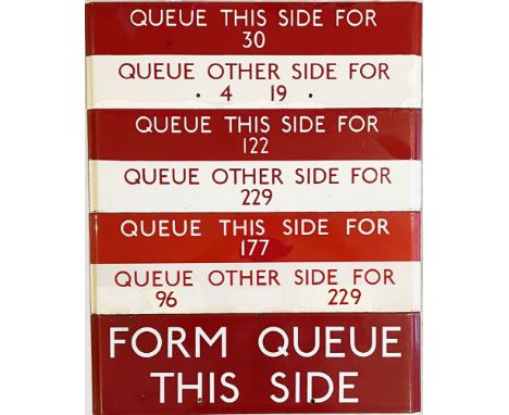 Selection (4) of London Transport bus stop enamel Q-PLATES comprising three examples with route numbers and one 'Form queue t