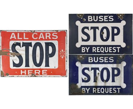 Pair of early 20th century enamel TRAM & BUS STOP FLAGS comprising a single-sided 'All Cars stop here' (20" x 14" - 51cm x 36