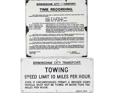 Pair of Birmingham City Transport ENAMEL SIGNS, probably from a tram depôt or bus garage, the first is dated June 1938, signe