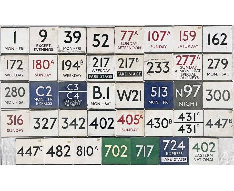 Large quantity (40) of London Transport bus stop enamel E-PLATES from across the network and with route numbers between 1 and