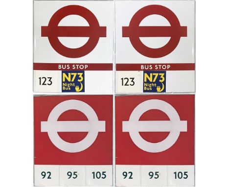 Pair of 1990s London Transport double-sided enamel BUS STOP FLAGS, both are E3, 'boat'-style flags, the first a compulsory ve