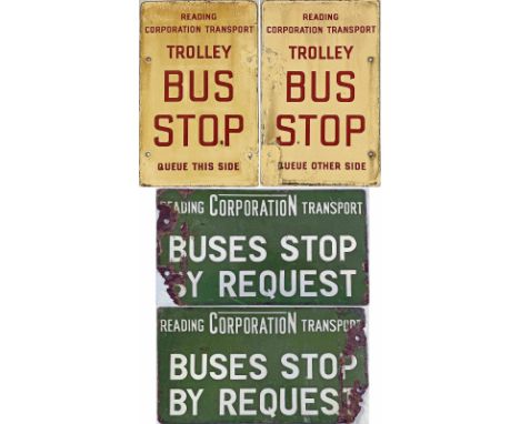 Pair of Reading Corporation double-sided, enamel trolleybus & bus STOP FLAGS comprising a Trolley Bus Stop 'Queue this side/Q