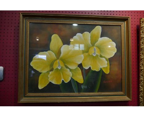 ROSSITER: Mixed Media early 20th Century study of yellow Iris signed lower right, framed and glazed, 35cm x 51cm