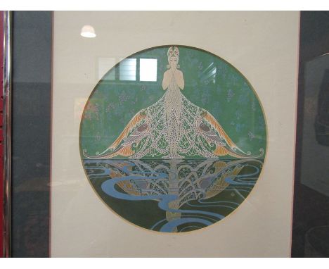 A print of Art Deco lady after Erde in circular mount, 20cm diameter, framed and glazed       