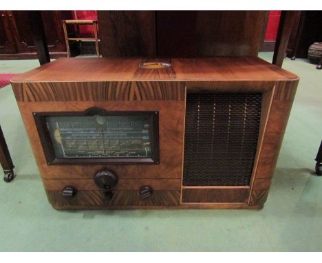 A vintage HMV table radio (Model no. 656), H 35cm, W 59cm, D 28cm