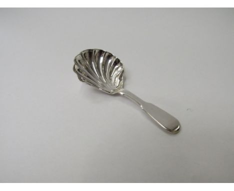 A Thomas Smily silver tea caddy spoon with scallop form bowl, London 1859, 9.5cm, 17g