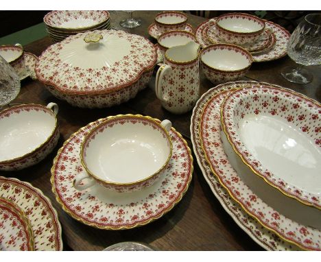 A Spode 'Fleur de lys' part dinner and tea service (well used) white ground with red and gilt decoration
