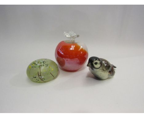 An Isle of Wight glass paperweight, a glass apple and Goebel bird (3)