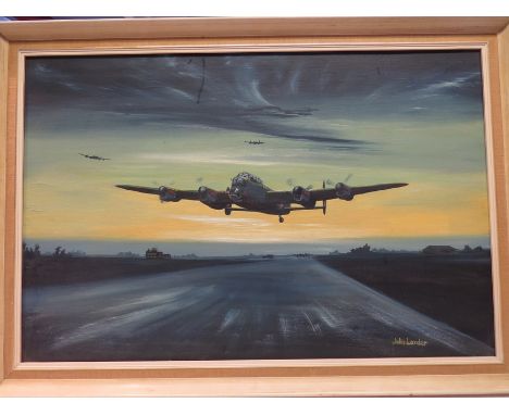 JOHN LARDER (XX): An oil on board "A busy day ahead for the Lancaster", 49cm x 74.5cm, together with a print "Operation Chast