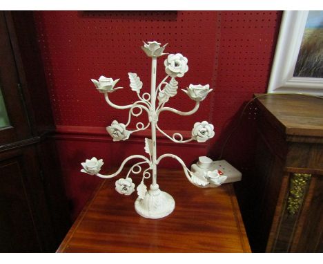 A shabby chic white metal five sconce candlestick 46cm tall