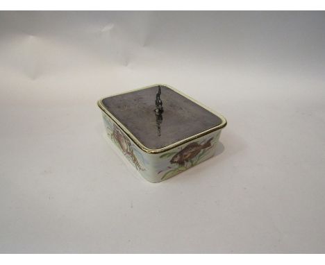 An early 20th Century ceramic sardine dish with plated top decorated with crabs and fish. Makers mark to base