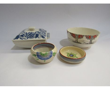 A Charlotte Rhead lidded dish, Wilkinson dish and pot and Crown Ducal sugar bowl decorated with orange trees (4)