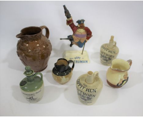 LARGE STONEWARE 'RUM' JUG &amp; VARIOUS ADVERTISING ITEMS a large stoneware jug, designed in relief with various figures, lea