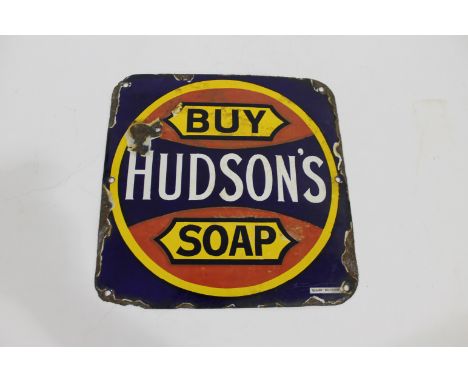 HUDSON'S SOAP ENAMEL SIGN a small enamel sign for Buy Hudson's Soap, with pierced holes around the edges of the sign. 27cms s