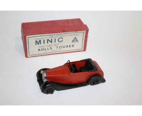 TRIANG MINIC - ROLLS TOURER Model No 35M Rolls Tourer, with a red body and black wings. In it's original box, some corrosion 