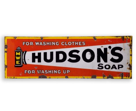 LARGE ENAMEL SIGN - HUDSON'S SOAP a large enamel sign for Hudson's Soap, For washing clothes for washing up. Mounted on a woo