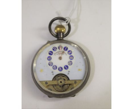 HEBDOMAS PATENT SILVER &amp; ENAMEL POCKET WATCH a silver cased pocket watch with an 8 day movement, enamel dial and visible 