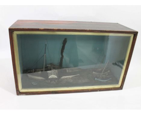 CASED MODEL PADDLE STEAMER SHIP - DIORAMA a diorama showing a Paddle Steamer Industry, and 2 smaller fishing boats each with 