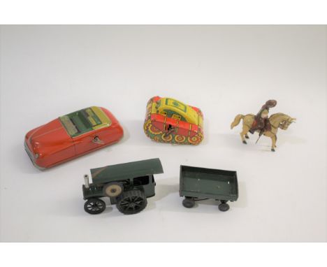 TIN PLATE TOYS including a Louis Marx clockwork tank, a British clockwork car, a Triang Minic clockwork 54M Traction Engine &