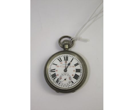 INDIAN RAILWAYS POCKET WATCH - MADORINA a pocket watch with white enamel dial and subsidiary dial, and in a metal case. Marke