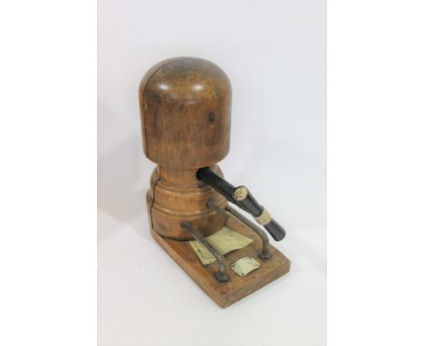 ANTIQUE HAT STRETCHER - CHRISTOPHER BARRY, BATH a vintage wooden hat stretcher with metal mechanism, with a plaque showing va