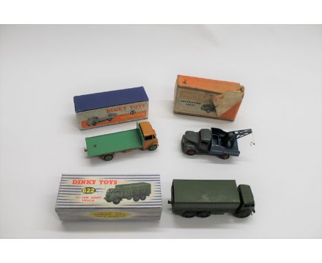 DINKY TOYS 3 boxed models, 513 Guy Flat Truck (orange cab and green flatbed, box drawn on in places) 25x Breakdown Lorry (mod