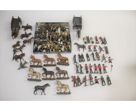 QTY OF MILITARY FIGURES including various Elastolin model soldiers and wooden horses, various Britains model soldiers, Nurses
