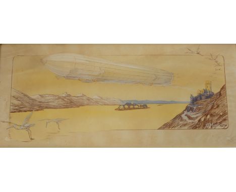 ERNEST MONTAUT &amp; MARGUERITE (GAMY) MONTAUT LE ZEPPELIN Lithograph printed in sepia, with pochoir colouring, damages Main 