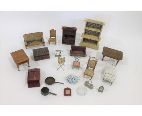 ANTIQUE DOLLS HOUSE FURNITURE including a miniature dolls dome top trunk, with internal tray and original label to the base. 