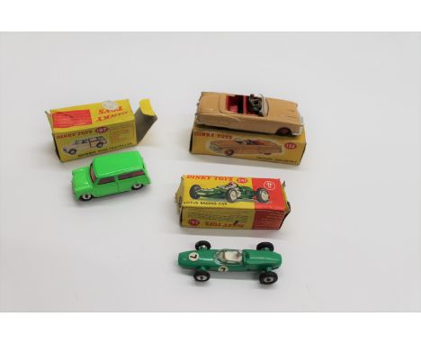 DINKY TOYS 3 boxed Dinky Toys including 241 Lotus Racing Car (number 7), 197 Morris Mini-Traveller (fluorescent body and red 