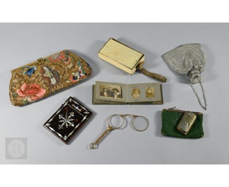 A collection of ladies accessories including Chinese silk embroidered evening purse, gilt metal lorgnettes, mother-of-pearl i