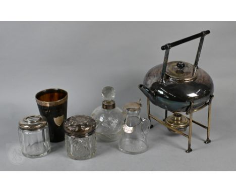A conical whisky noggin with star-cut base, silver top and label, Hukin &amp; Heath Ltd., Birmingham 1925, to/w a silver-rimm