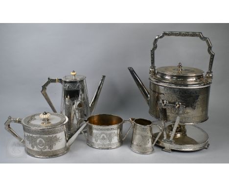A good quality Victorian electroplated five-piece tea/coffee service including large kettle on stand, coffee pot and teapot w