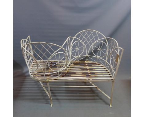 A white painted metal lovers bench, H.85 W.108 D.52cm 