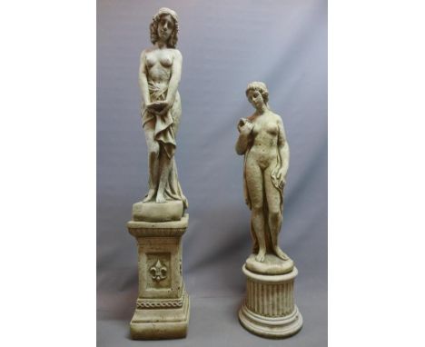 Two reconstituted stone statue of a semi-nude Classical maidens, raised on pedestal bases, H.130cm, H.102cm (2) 