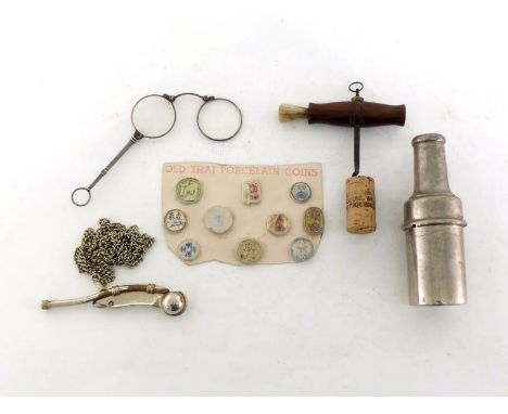 A mixed lot comprising a plated bosun’s whistle with Admiralty broad arrow stamp and long chain, plating worn, ten Thai ceram