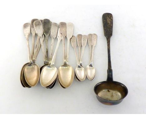 A group of Russian silver fiddle pattern flatware, various dates and makers, late 19th. century, comprising:- 1 soup ladle, 1
