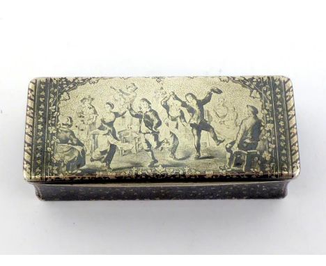 A French silver and niello snuff box, circa 1870, rectangular with profuse scrolling leafage to sides and base, cover depicti